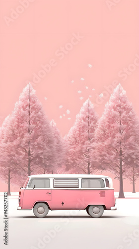 minivan on the snow, forest in the background, soft colors vintage poster