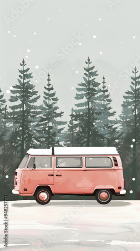minivan on the snow, forest in the background, soft colors vintage poster
