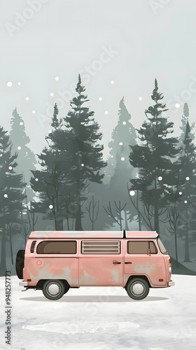 minivan on the snow, forest in the background, soft colors vintage poster