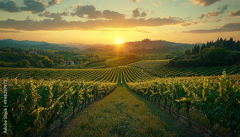 Fototapeta premium Sunset over vineyard, farm in chianti region, Italy generated by AI