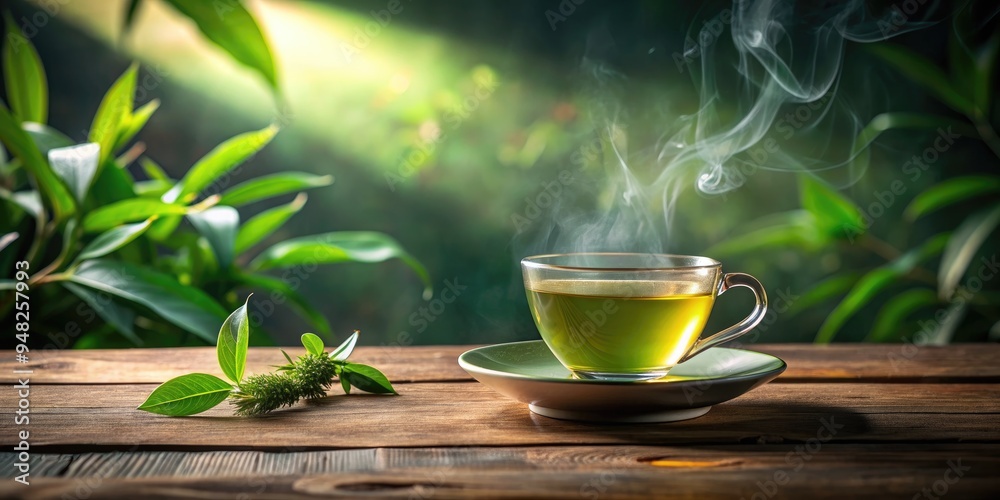 A serene and minimalist scene featuring a steaming cup of green tea on a wooden table, surrounded by subtle natural textures and soft lighting. A serene and minimalist scene featuring a steaming cup of green tea on a wooden table, surrounded by subtle natural textures and soft lighting.