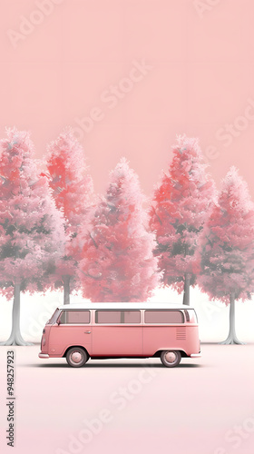 minivan on the snow, forest in the background, soft colors vintage poster