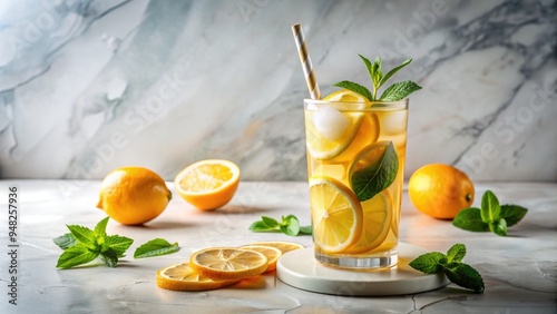 clear glass tumbler filled with iced yuzu tea, garnished with vibrant yuzu slices and served with a reusable straw on a sleek marble countertop. photo