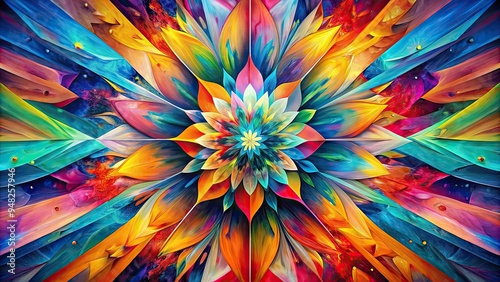 Vibrant abstract mixed media artwork featuring bold brushstrokes, geometric shapes, and textured elements in a kaleidoscope of colors, evoking dynamic energy and creative expression. photo