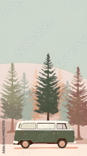 minivan on the snow, forest in the background, soft colors vintage poster