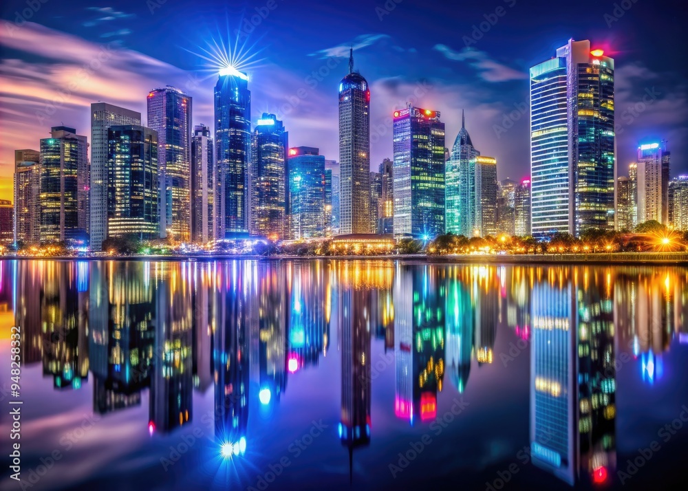 Vibrant vast modern cityscape at night with twinkling skyscrapers and neon lights reflected in the calm water's surface, creating a stunning urban landscape.