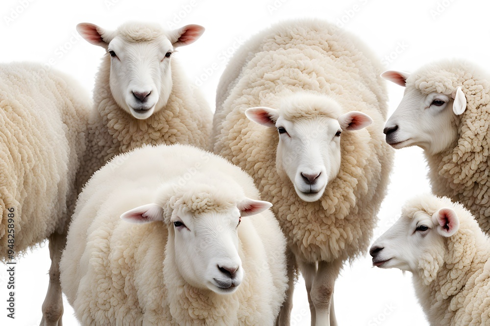 © Toseef - A group of white sheep grazing together on a white background, Ai Generated © Toseef - A group of white sheep grazing together on a white background, Ai Generated
