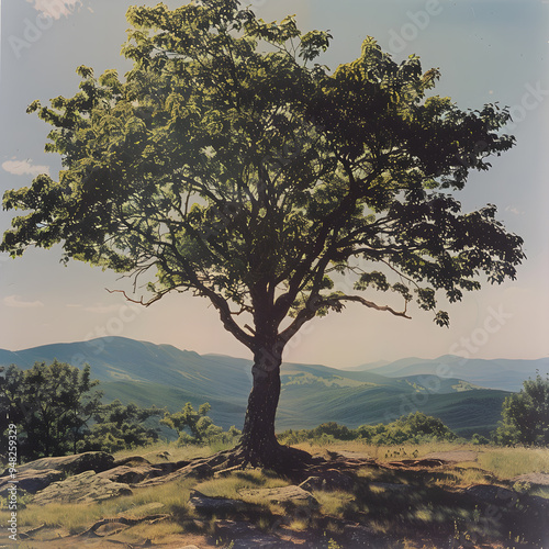 landscape with tree in autumn poster, sepia filter photography