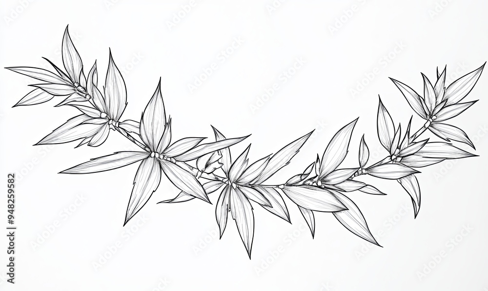 Fototapeta premium A simple black and white hand-drawn illustration of a botanical wreath with leaves.