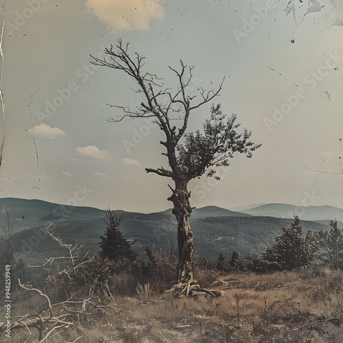landscape with tree in autumn poster, sepia filter photography