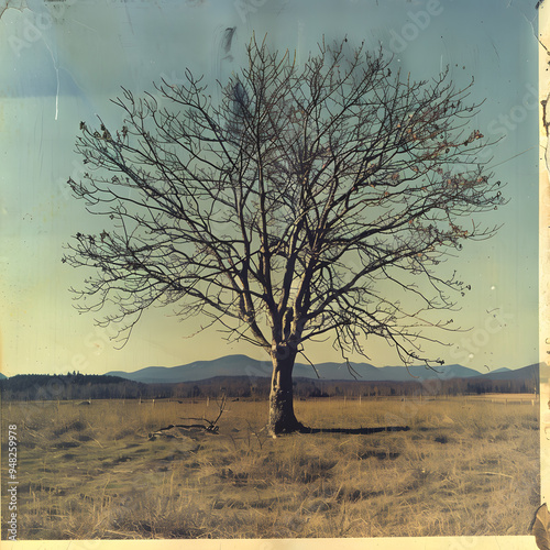 landscape with tree in autumn poster, sepia filter photography
