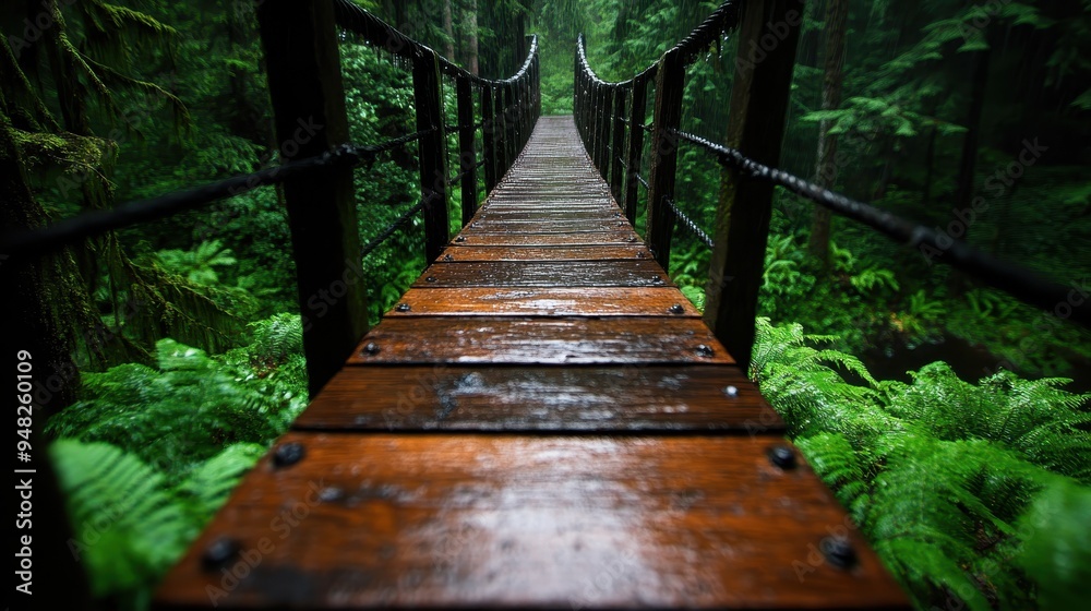 A long, wet, wooden suspension bridge stretches into a dense, green forest teeming with vegetation and lush foliage, creating a serene and immersive natural pathway experience. A long, wet, wooden suspension bridge stretches into a dense, green forest teeming with vegetation and lush foliage, creating a serene and immersive natural pathway experience.