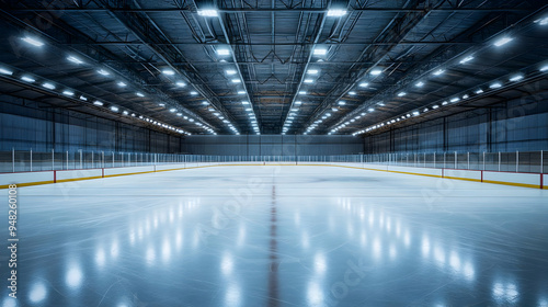 Empty Ice Hockey Rink with Bright Lights and Reflections