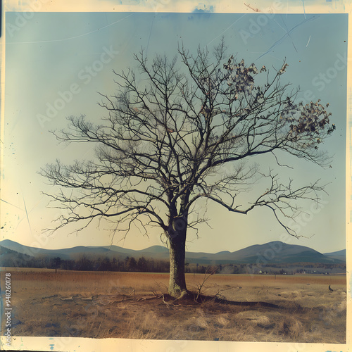 landscape with tree in autumn poster, sepia filter photography