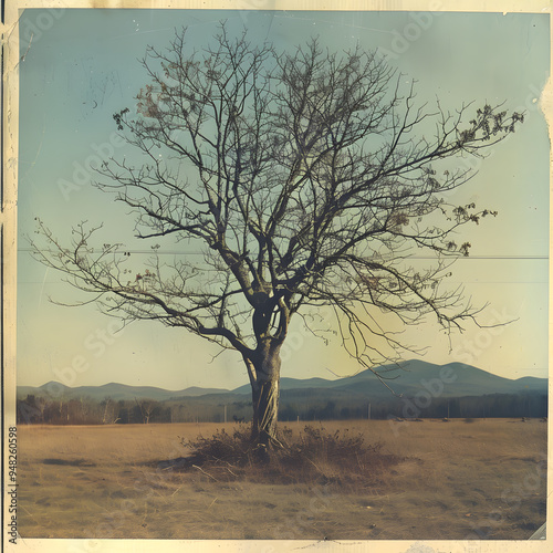 landscape with tree in autumn poster, sepia filter photography