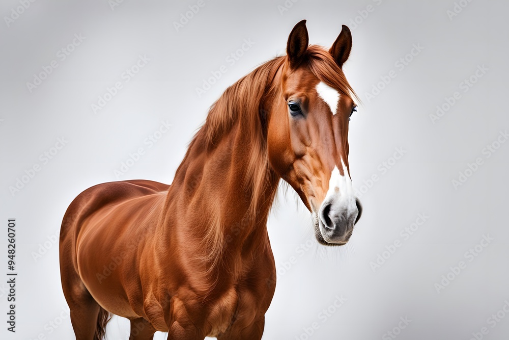 Obraz premium A majestic chestnut horse with a white blaze on its face standing on a white background, Ai Generated