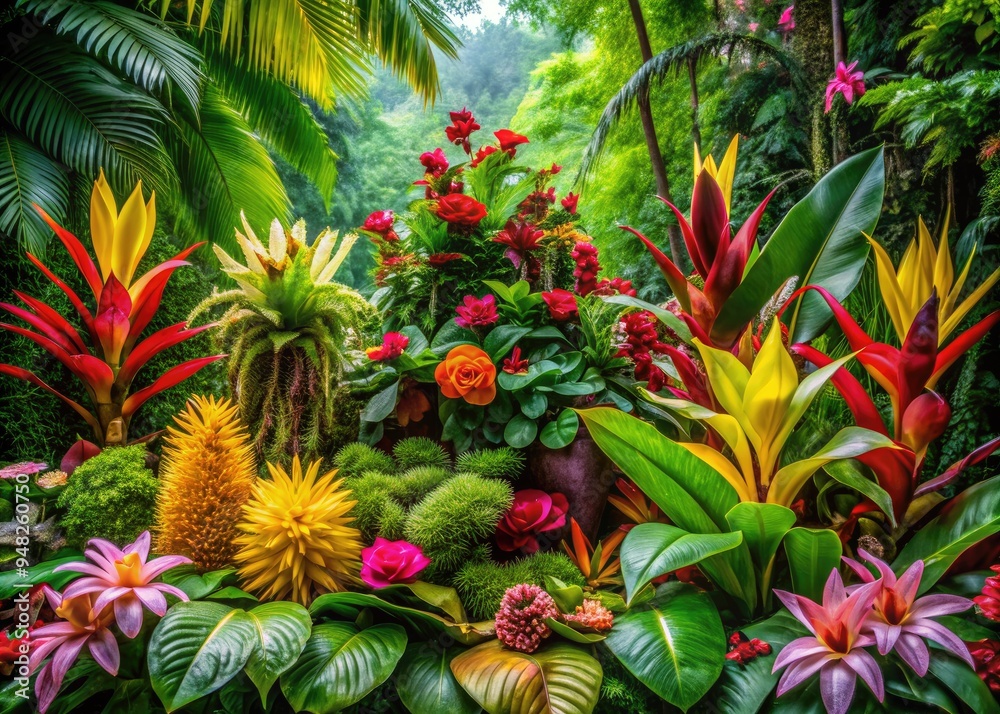 Fototapeta premium Lush green jungle foliage surrounds a vibrant floral arrangement of exotic tropical flowers and plants, nestled among the natural beauty of the rainforest ecosystem.