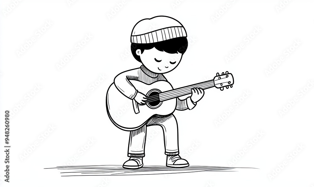 Obraz premium A simple line drawing of a young person playing a guitar.