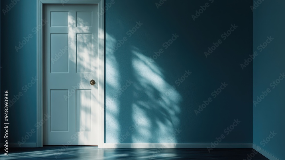 An aesthetically pleasing blue door with a knob shaded by tree leaves, casting intricate shadow patterns onto the door and wall, showcasing natural and artistic beauty. An aesthetically pleasing blue door with a knob shaded by tree leaves, casting intricate shadow patterns onto the door and wall, showcasing natural and artistic beauty.