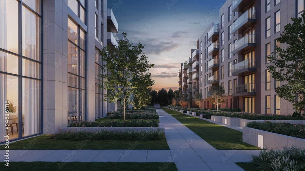 Urban Oasis at Dusk: Modern apartment buildings flank a serene walkway bathed in the warm glow of sunset, offering a tranquil escape in the heart of the city. 