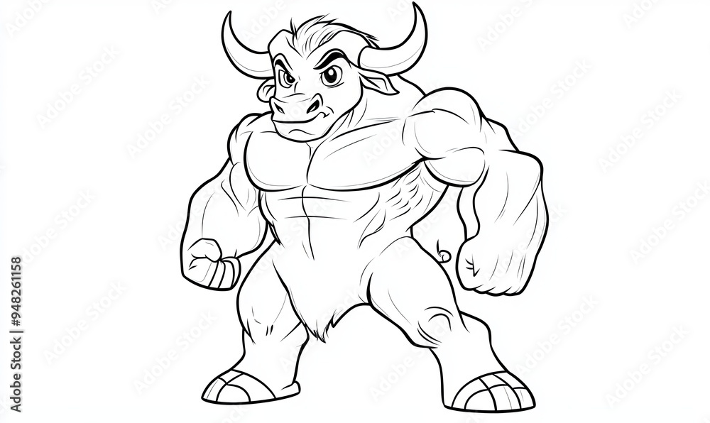 Fototapeta premium A cartoon illustration of a muscular bull standing in a strong pose.