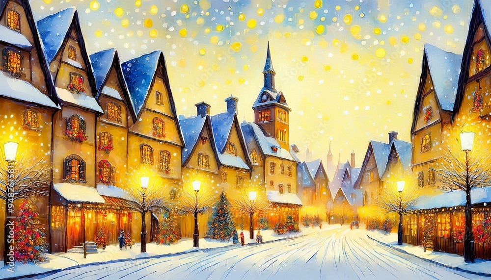 Pointillism. yellow noise consisting of thousands of dots, snowy village with old houses, Christmas tree in the middle with lights in the windows and lanterns and illuminated houses. watercolor style Pointillism. yellow noise consisting of thousands of dots, snowy village with old houses, Christmas tree in the middle with lights in the windows and lanterns and illuminated houses. watercolor style