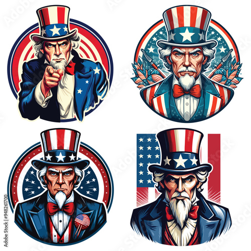 Determined Uncle Sam illustrations in patriotic attire, vector art, ideal for Independence Day posters
