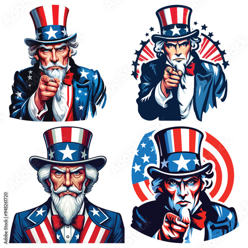 Illustrations of Uncle Sam pointing, determined expression, patriotic background, symbolizes American patriotism