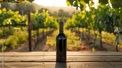 wine bottle in vineyard, landscape with sunlight poster