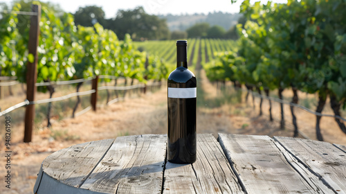 wine bottle in vineyard, landscape with sunlight poster