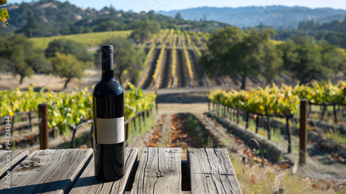 wine bottle in vineyard, landscape with sunlight poster