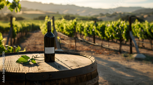 wine bottle in vineyard, landscape with sunlight poster