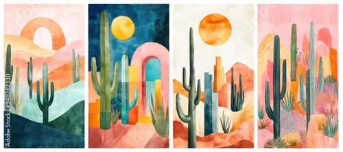 Panel kuchenny z motywem Set of modern cactus art prints with abstract designs and geometric shapes in a desert landscape, used for background and social media.