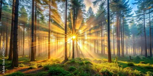 Majestic sunrise in a misty forest with sunbeams filtering through the trees