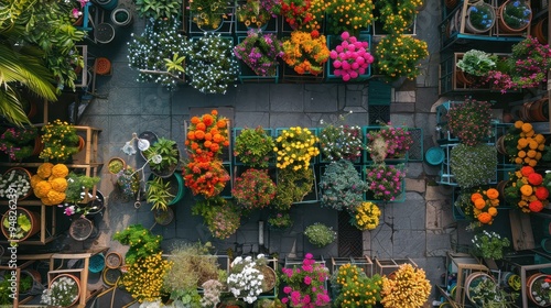 Aerial View of Colorful Flowers in Pots on a Patio