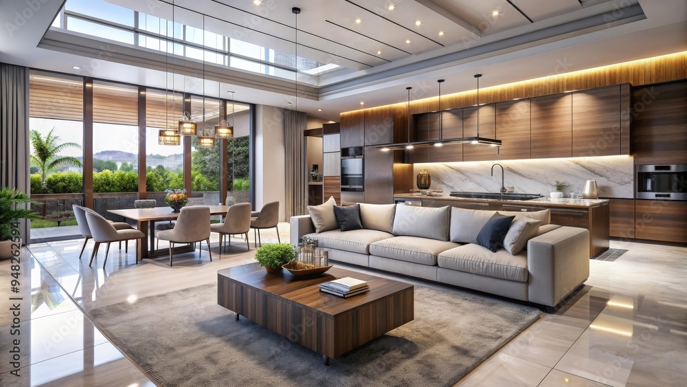 Naklejka premium Modern living room and kitchen interior in a luxurious villa with rendered design