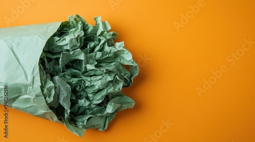 A striking image of green crumpled paper set against a vibrant orange background, capturing the interplay of colors and textures in a unique and visually compelling way. photo