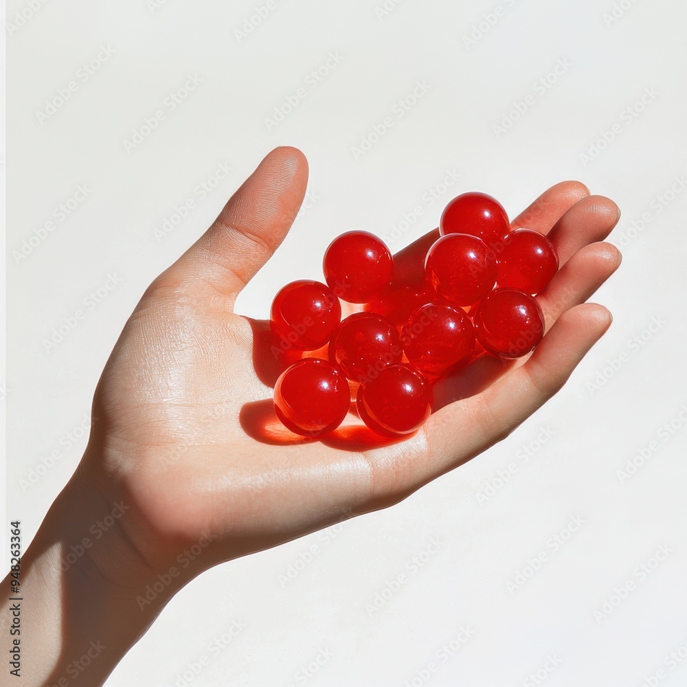 Hand holding red glass marbles on white background. Hand holding red glass marbles on white background.