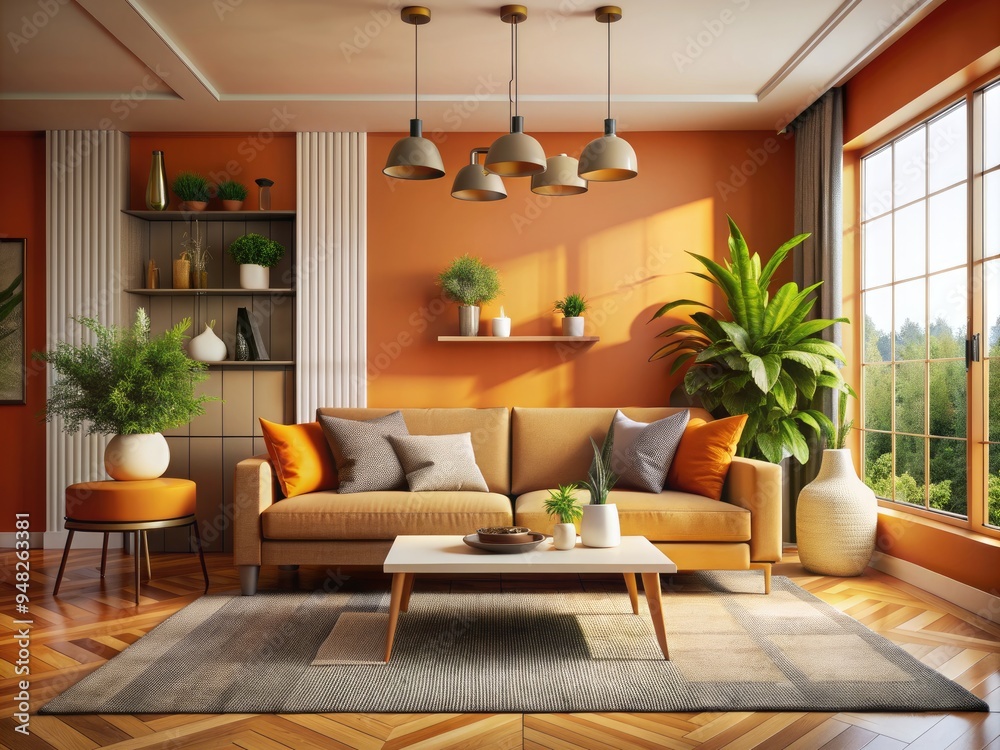 Vibrant orange and beige hues illuminate a modern Scandinavian living room, adorned with sleek lines, minimalist decor, and lush greenery, in a stylized illustration. Vibrant orange and beige hues illuminate a modern Scandinavian living room, adorned with sleek lines, minimalist decor, and lush greenery, in a stylized illustration.