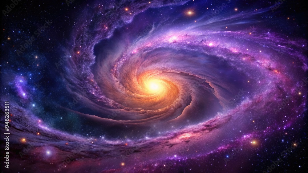 Vibrant purple galaxy with swirling clouds of gas and dust, shimmering stars, and a majestic spiral arm stretching across a dark starry night sky. Vibrant purple galaxy with swirling clouds of gas and dust, shimmering stars, and a majestic spiral arm stretching across a dark starry night sky.