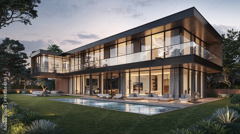 Obraz premium Modern Luxury Retreat: A stunning contemporary villa with expansive windows, a sleek design, and a serene poolside oasis at dusk. 