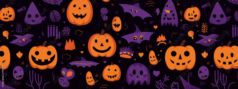 Halloween-Themed Seamless Pattern With Jack-O'-Lanterns Bats And Ghosts On A Black Background Halloween-Themed Seamless Pattern With Jack-O'-Lanterns Bats And Ghosts On A Black Background