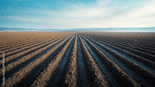 Expansive empty fields stretching out to the horizon with meticulously prepared soil, ready for planting, symbolizing anticipation and preparation for the next agricultural season.