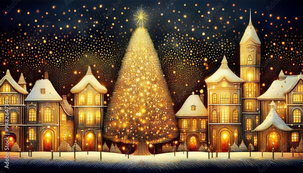 Fototapeta premium Pointillism. yellow noise consisting of thousands of dots, snowy village with old houses, Christmas tree in the middle with lights in the windows and lanterns and illuminated houses. watercolor style