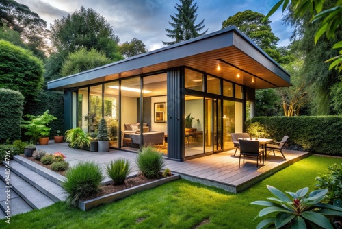 Cozy compact dwelling with modern façade, surrounded by lush greenery, featuring large windows, sleek metal roof, and sliding glass door opening to patio.