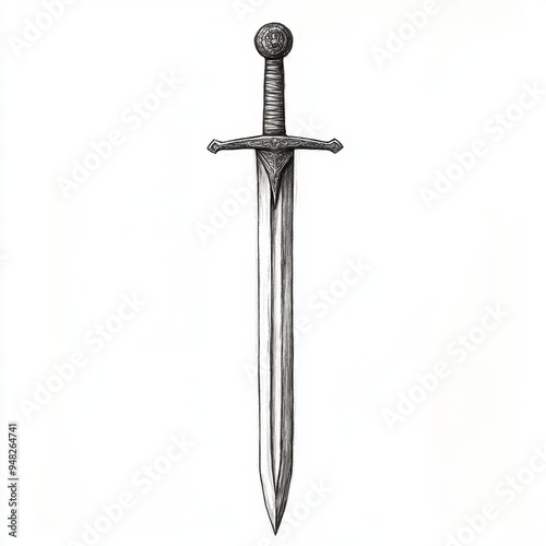 A sketch of a medieval sword with intricate hilt, classic weapon, pencil drawing style, isolated on white background