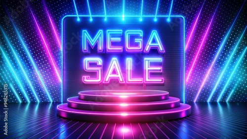 Electro scene mega sale, danger podium banner, neon night pedestal. photo