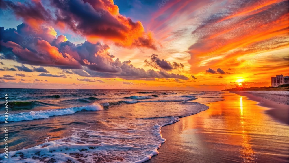 Vibrant hues of orange and pink dance across the sky as tranquil waves gently lap at the shore of Destin's serene beach at sunset.