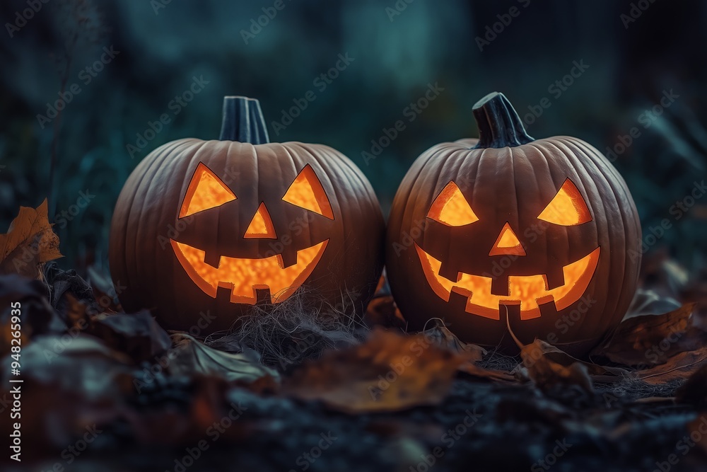 Two jack-o'-lanterns with carved faces and glowing lights sit among autumn leaves, creating a warm Halloween feeling.