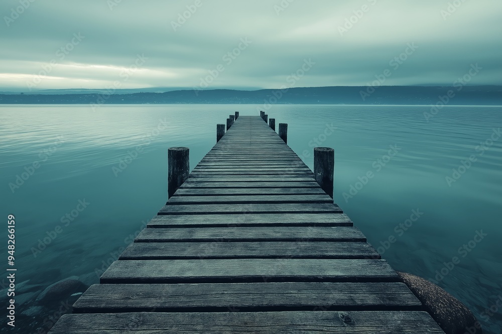 Fototapeta premium A long wooden pier stretching out into calm and serene blue waters under a soft cloudy sky, evoking tranquility.